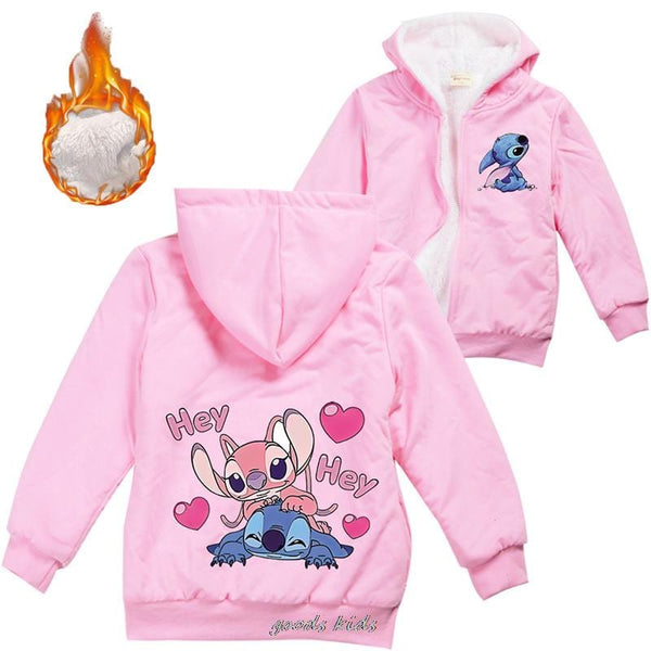 Disney Stitch Kids Jackets Boys Winter Thick Coats Warm Fur Outerwear For Youth Girls Hooded Jacket Children&#39;s Clothes 2-16Y