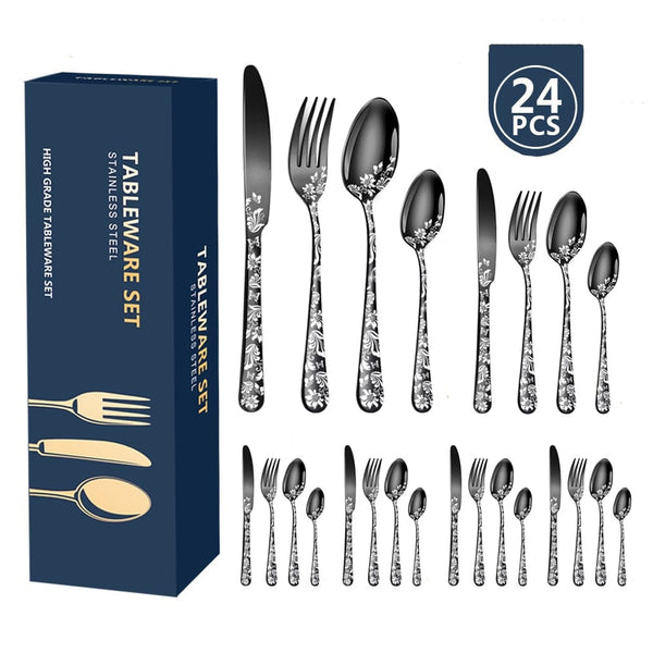 24Pcs Explosive Pattern Stainless Steel Cutlery Set Luxury Western Steak Dinnerware Set Knife Fork Spoon Set Tableware Black New