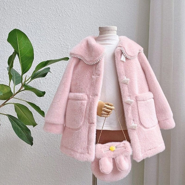 New Fashion Spring Autumn Warm Faux Fur Coat For Girls Jacket Easter Cute Rabbit Plush Princess Outerwear 3-10 Year Kids Clothes