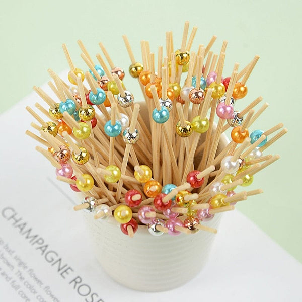 100pcs Bead Food Fruit Bamboo Toothpick Cupcake Dessert Salad Cocktail Decorative Pick For Birthday Party Wedding Decoration