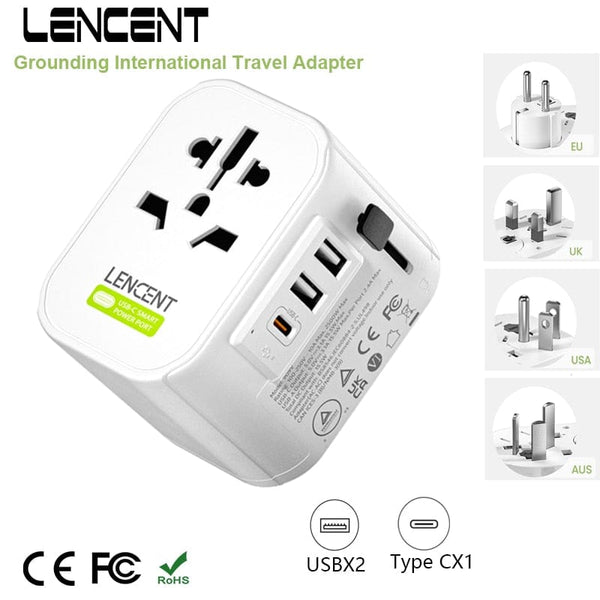 LENCENT محول عام للسفر مع 2 منافذ USB و 1 نوع C التأريض محول الطاقة الدولية للسفر الاتحاد الأوروبي/المملكة المتحدة/الولايات المتحدة الأمريكية/AUS